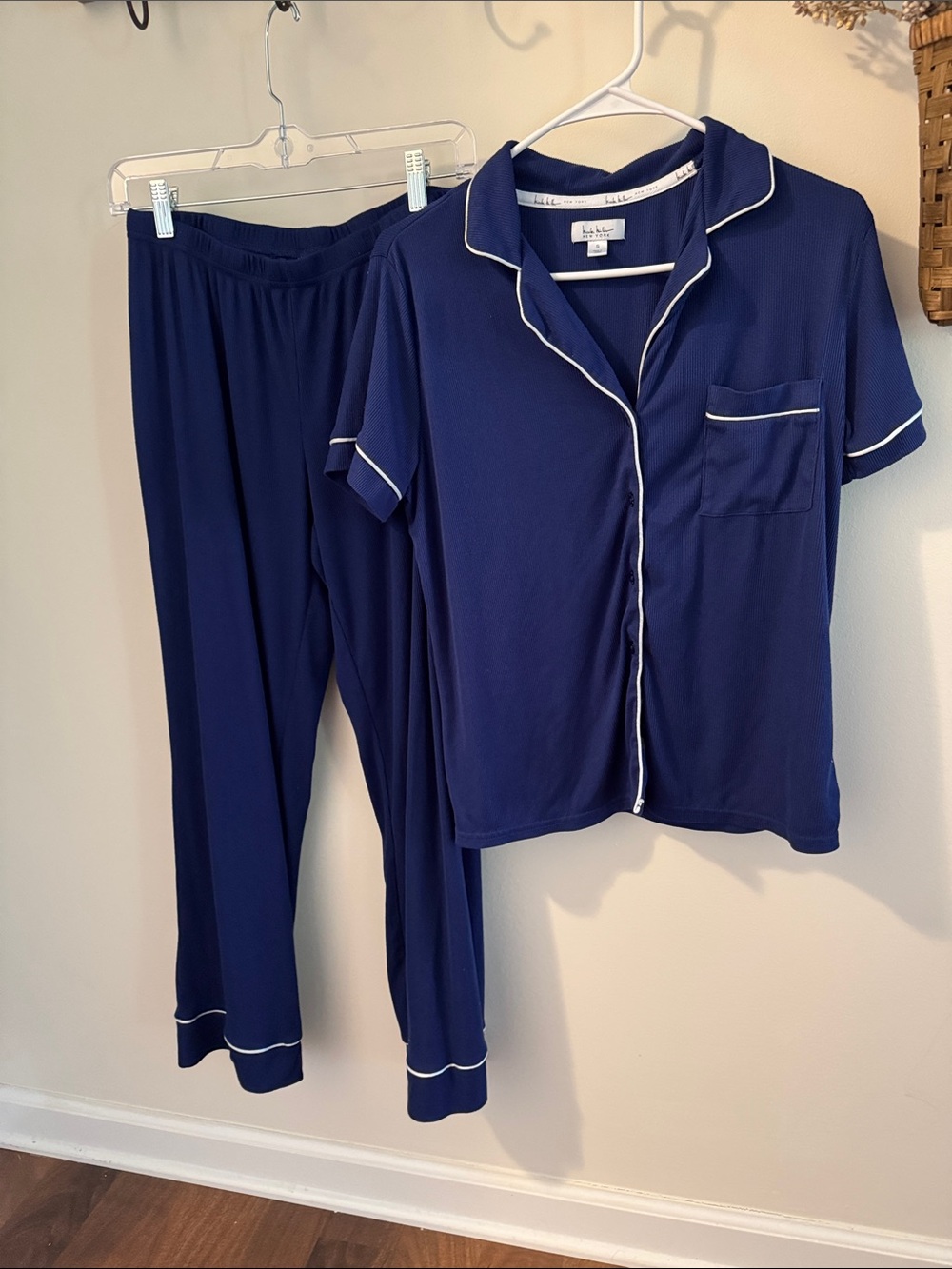 Classic Navy Short-Sleeve Pajama Set with White Piping